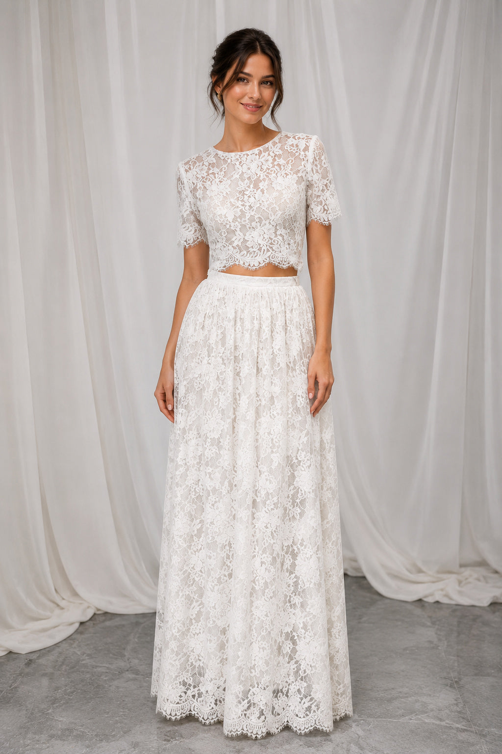 Two-piece Short Sleeves A-line Lace Wedding Dress