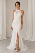 Halter Neck Sheath lace Wedding Dress with Slit