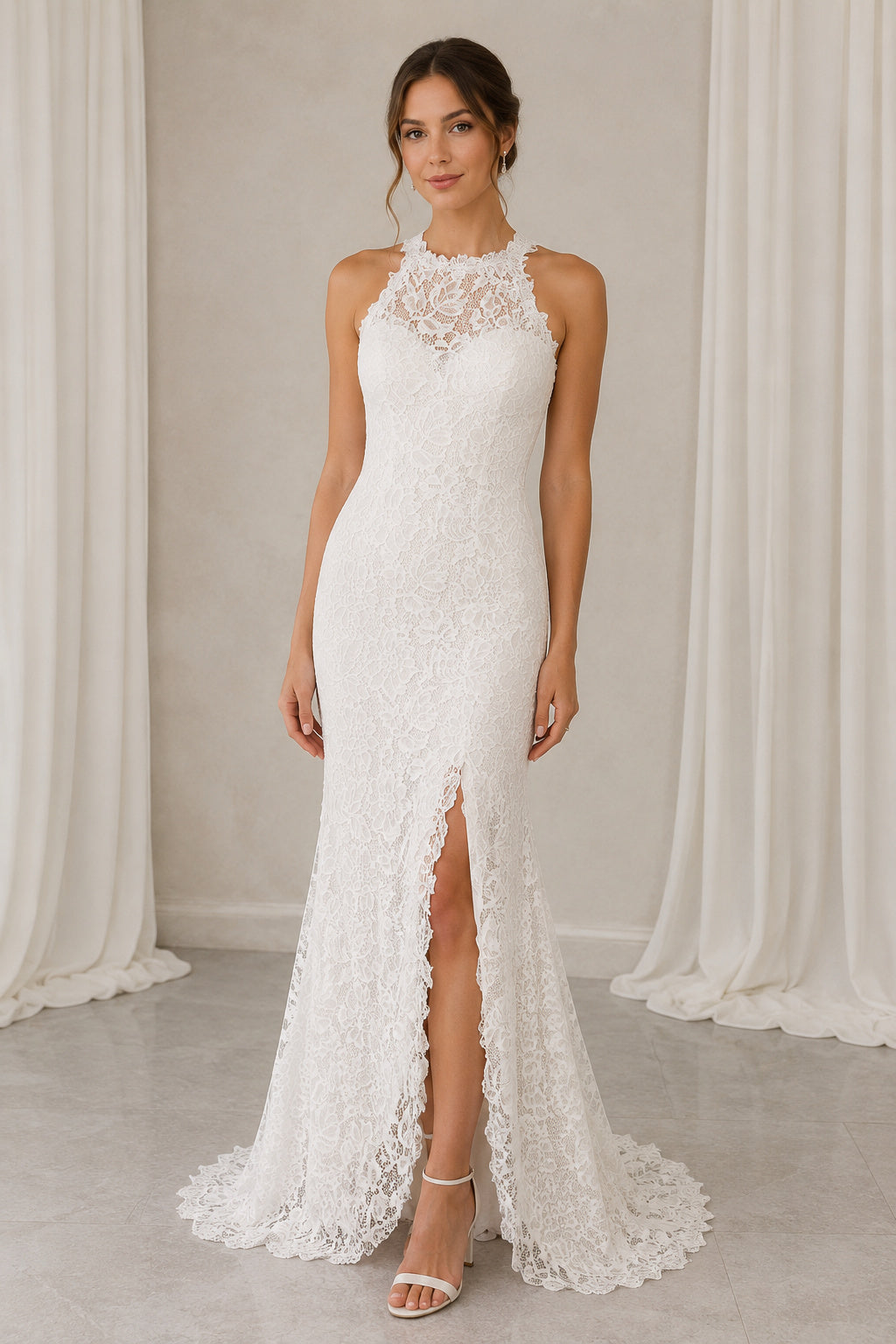 Halter Neck Sheath lace Wedding Dress with Slit