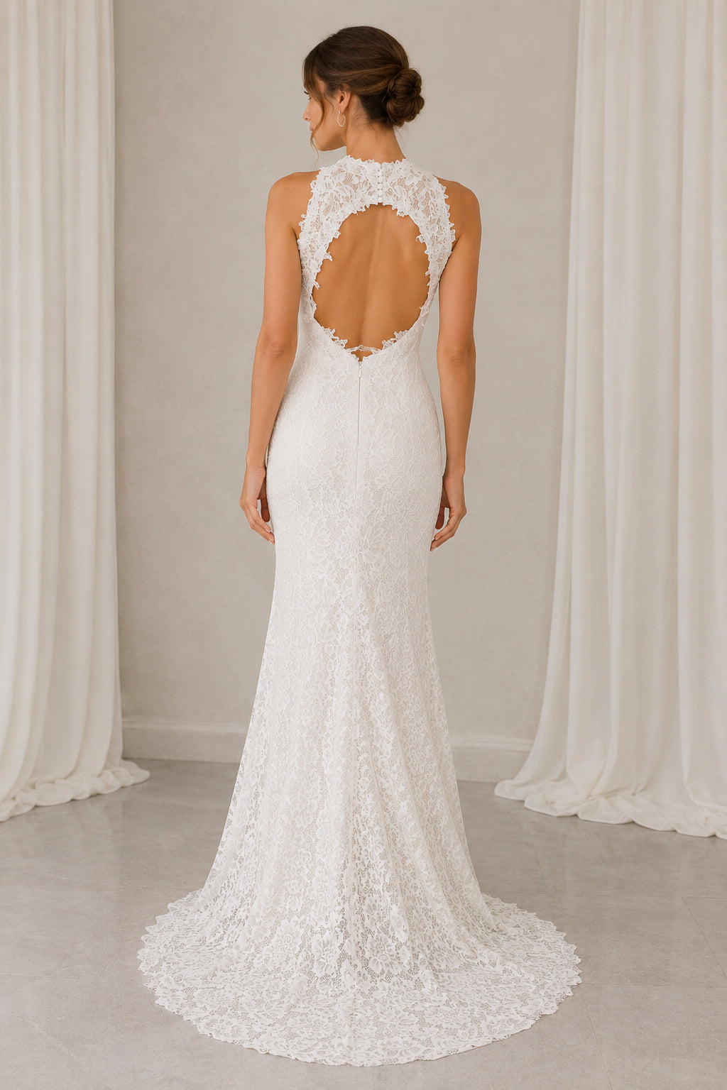 Halter Neck Sheath lace Wedding Dress with Slit