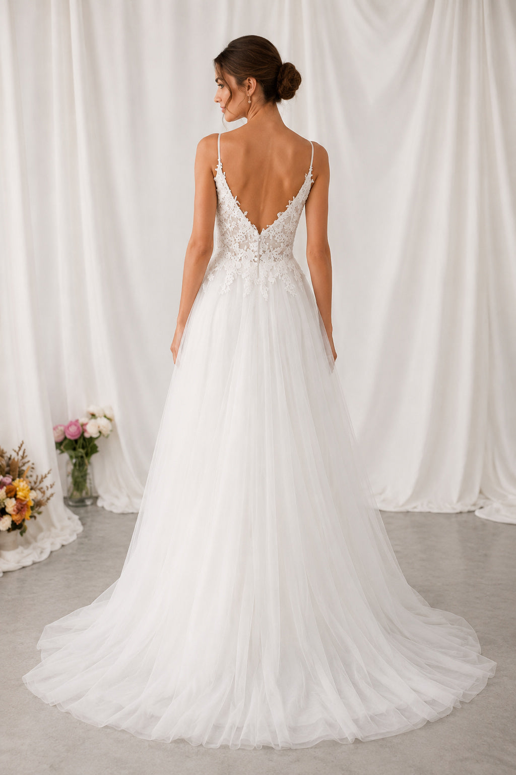 Spaghetti Straps Lace and Tulle A-line Wedding Dress
