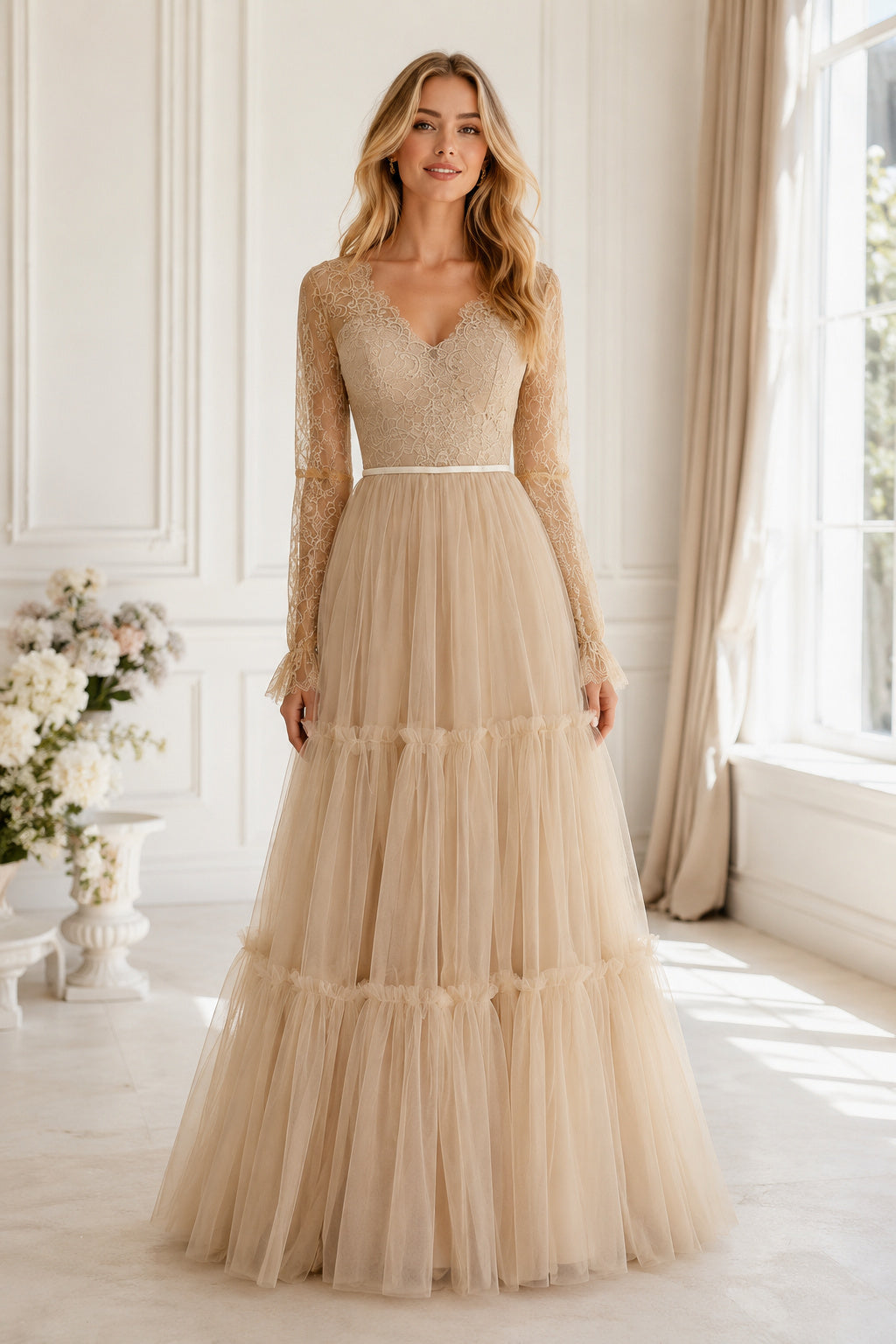 Long Sleeves Lace and Tulle A-line Wedding Dress
