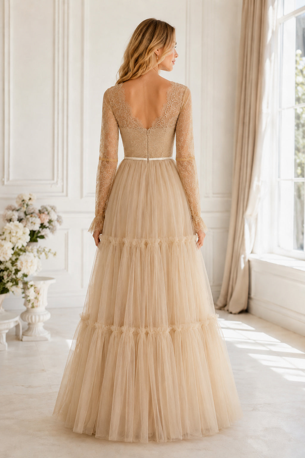 Long Sleeves Lace and Tulle A-line Wedding Dress
