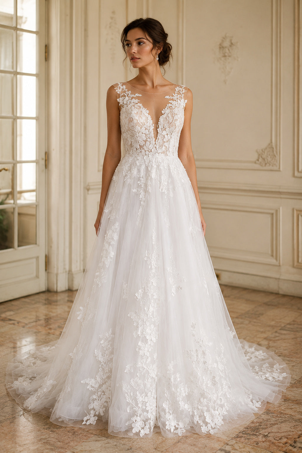 Illusion Neck Lace and Tulle A-line Wedding Dress