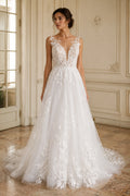 Illusion Neck Lace and Tulle A-line Wedding Dress