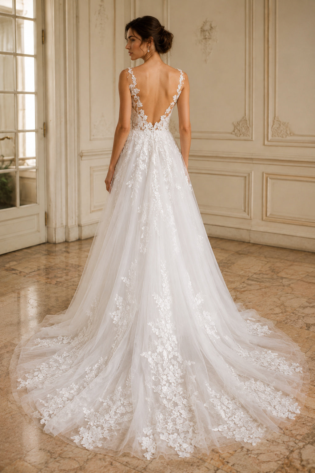 Illusion Neck Lace and Tulle A-line Wedding Dress