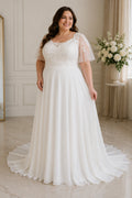 Plus Size Half Sleeves Lace and Chiffon A-line Wedding Dress