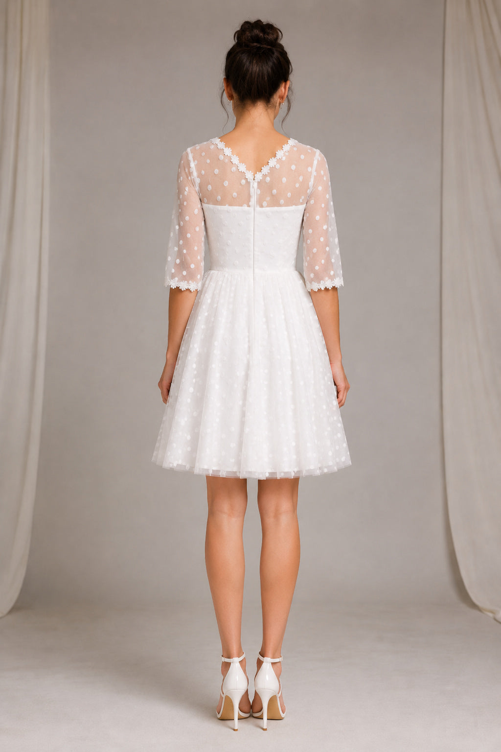 Polka Dot Half Sleeves Short A-line Wedding Dress