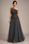 One-Shoulder Lace and Tulle A-line Evening Dress with Pleated Waist