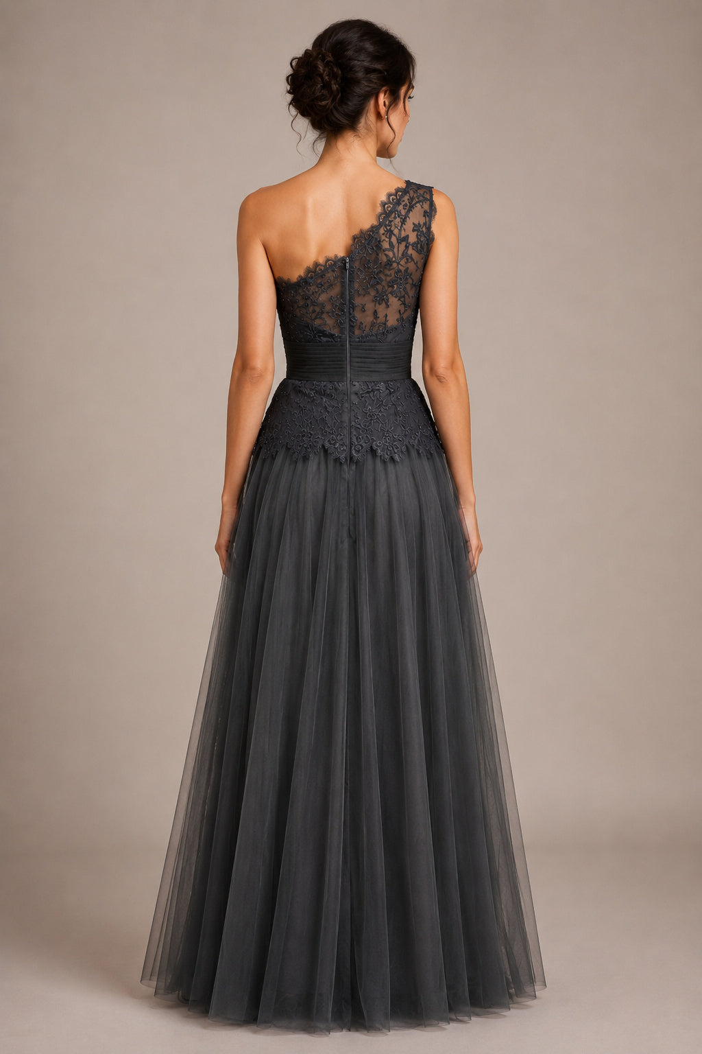 One-Shoulder Lace and Tulle A-line Evening Dress with Pleated Waist