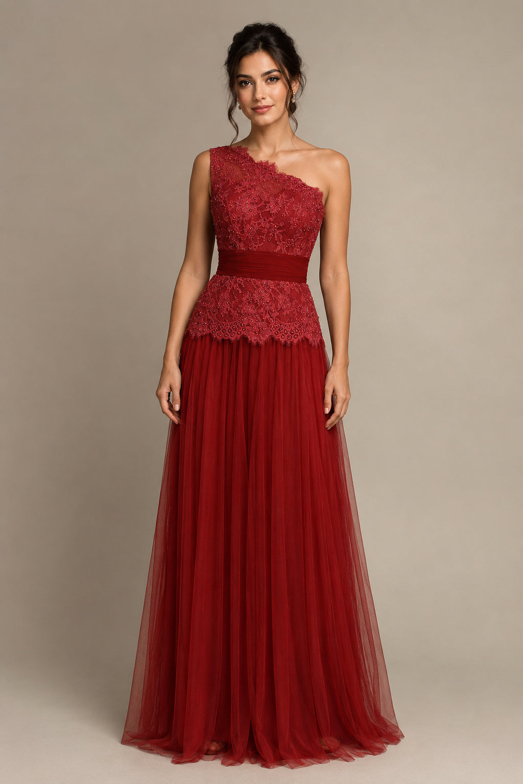 One-Shoulder Lace and Tulle A-line Evening Dress with Pleated Waist