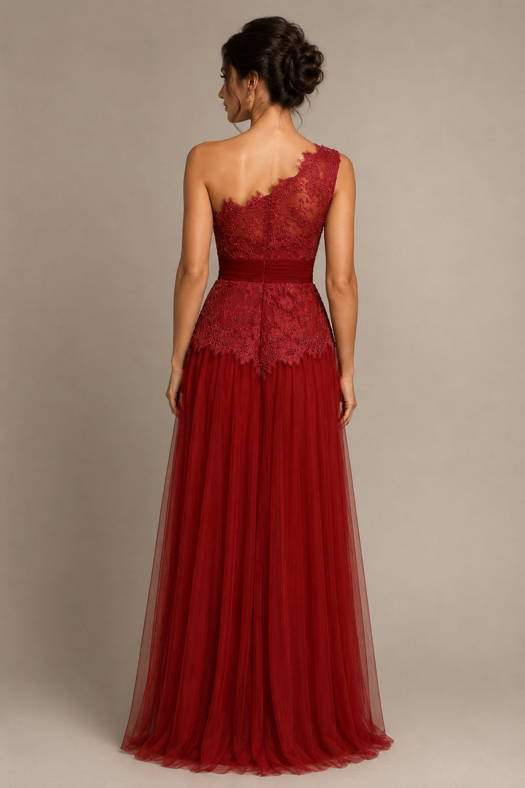 One-Shoulder Lace and Tulle A-line Evening Dress with Pleated Waist