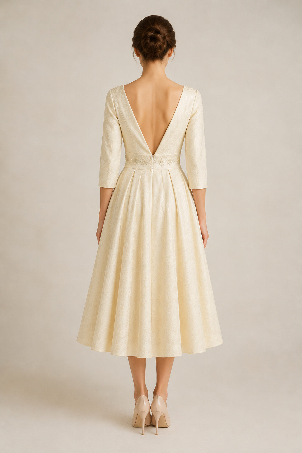 3/4 Sleeves Bateau A-line Tea Length Wedding Dress