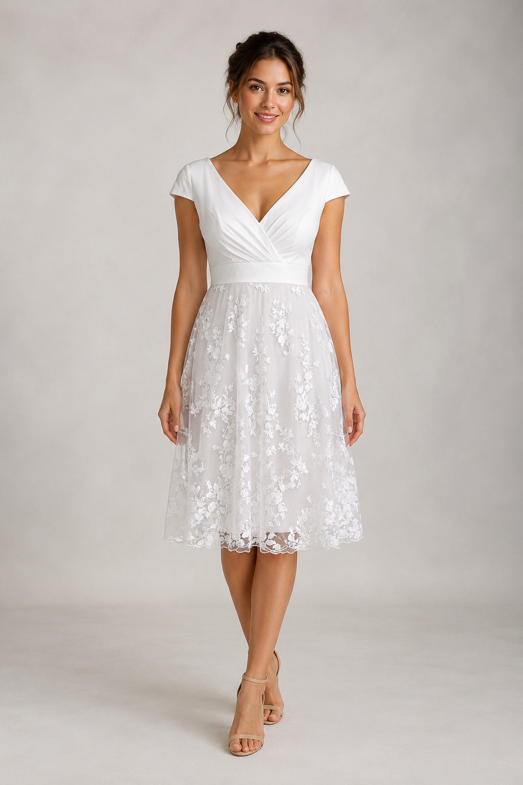Cap Sleeves Jersey and Lace Knee Length A-line Wedding Dress