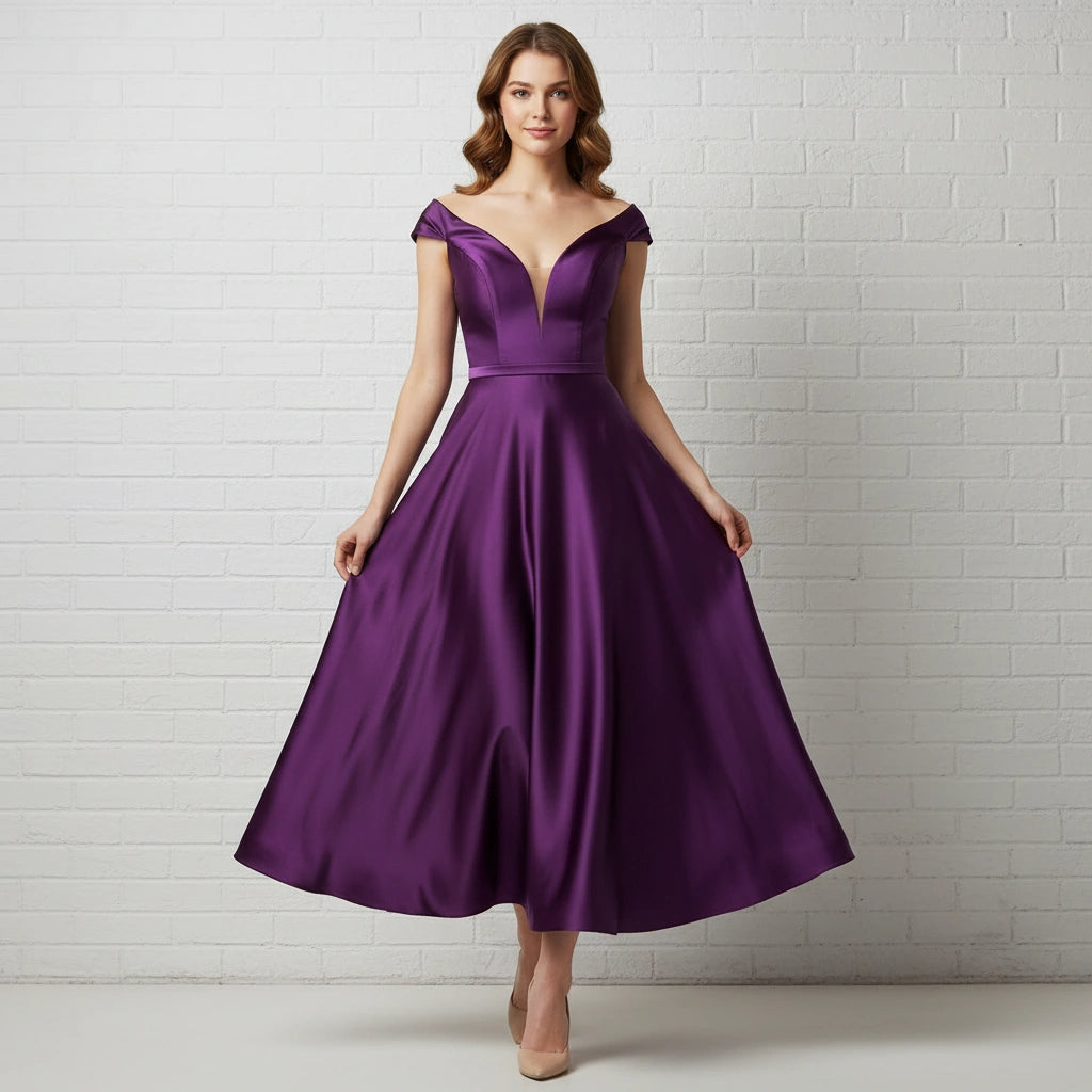 Simple Cap Sleeve V-neck Satin Tea Length A-line Dress