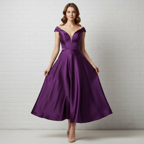 Simple Cap Sleeve V-neck Satin Tea Length A-line Dress