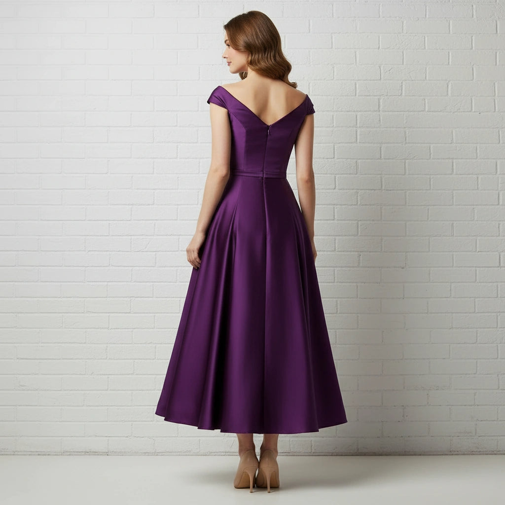 Simple Cap Sleeve V-neck Satin Tea Length A-line Dress