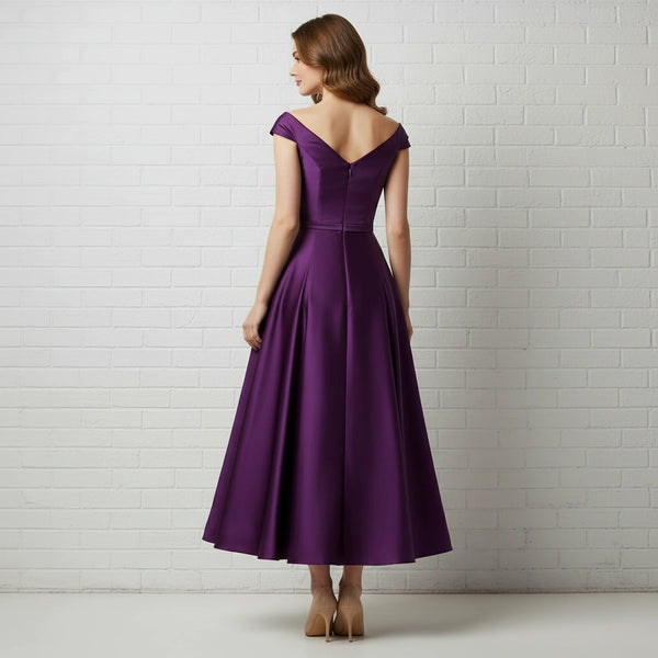 Simple Cap Sleeve V-neck Satin Tea Length A-line Dress