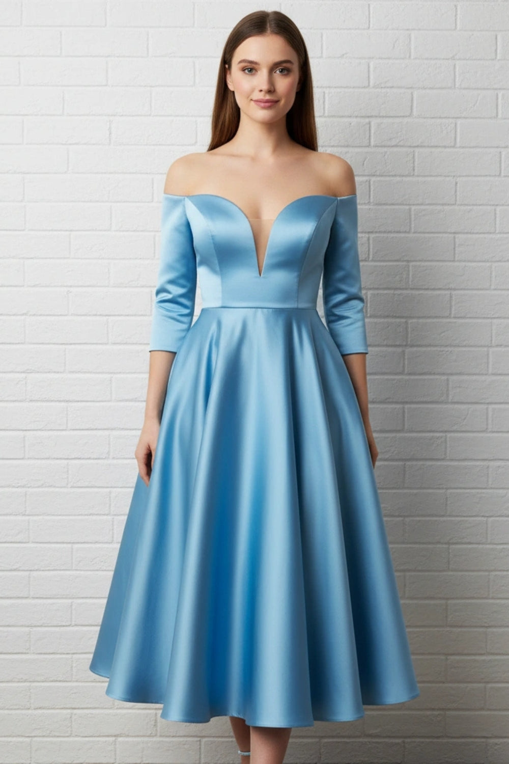 Minimalist Off-the-shoulder 3/4 Sleeves A-line Satin Tea Length Dress