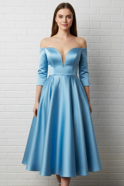 Minimalist Off-the-shoulder 3/4 Sleeves A-line Satin Tea Length Dress