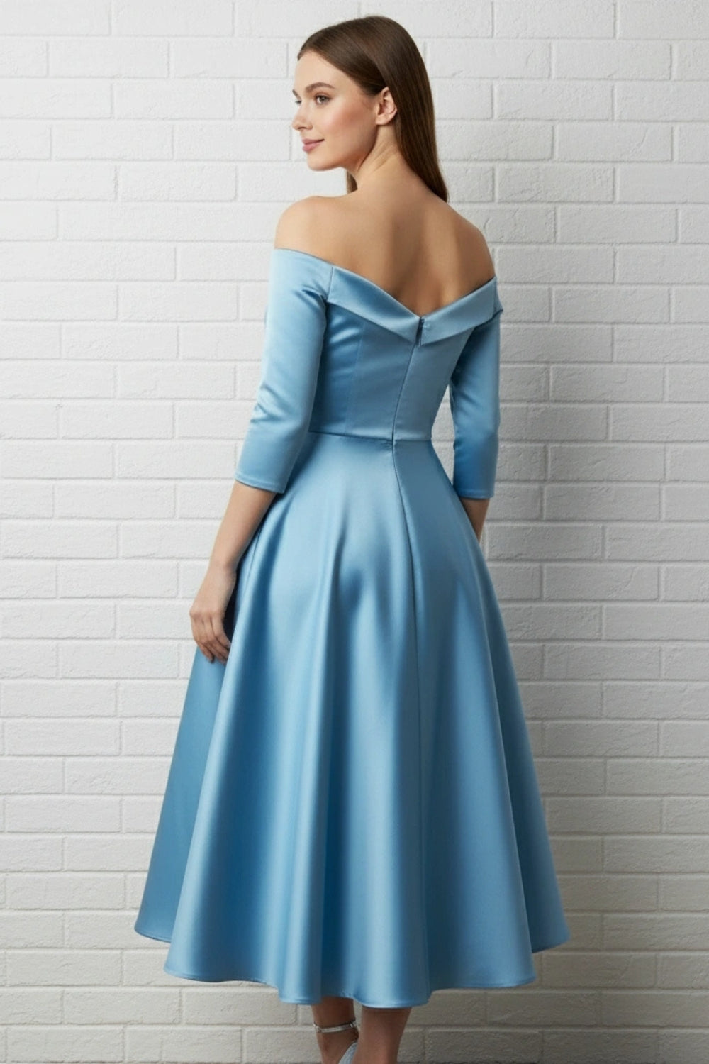 Minimalist Off-the-shoulder 3/4 Sleeves A-line Satin Tea Length Dress