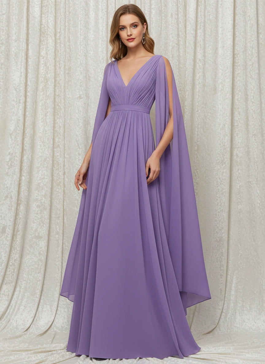 Elegant Pleated Bodice V-neck Split Long Sleeves Chiffon A-line Floor Length Dress