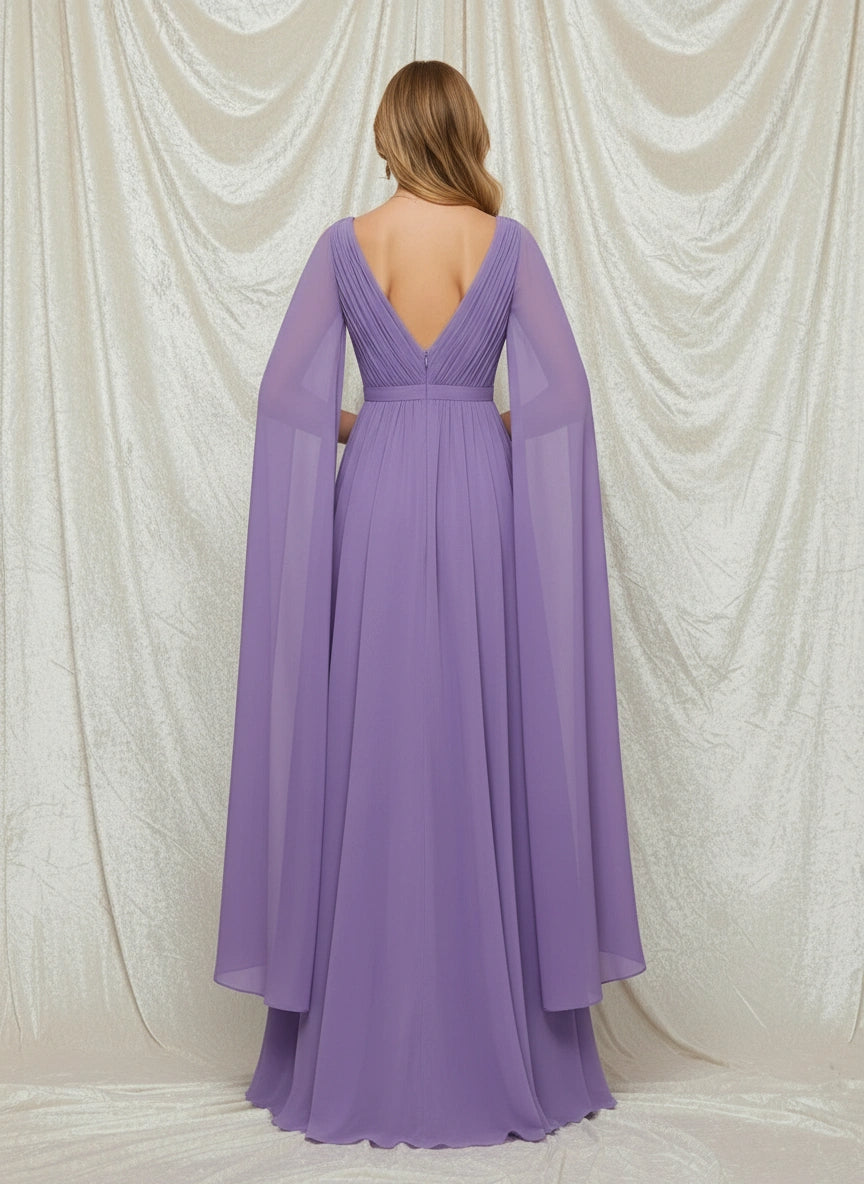 Elegant Pleated Bodice V-neck Split Long Sleeves Chiffon A-line Floor Length Dress