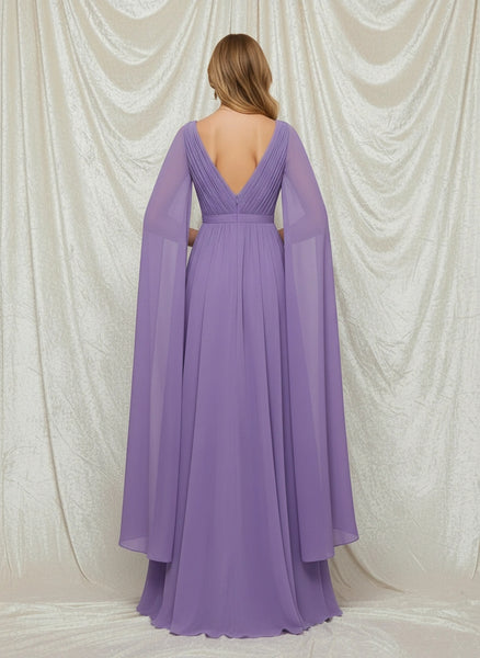 Elegant Pleated Bodice V-neck Split Long Sleeves Chiffon A-line Floor Length Dress