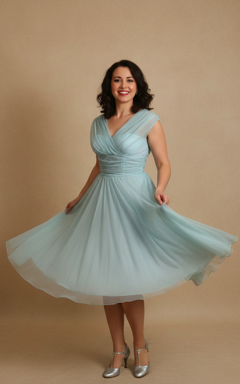 Cap Sleeve Pleated Bodice V-neck Chiffon A-line Tea Length Dress with Sash