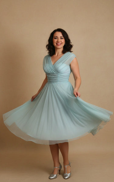 Cap Sleeve Pleated Bodice V-neck Chiffon A-line Tea Length Dress with Sash