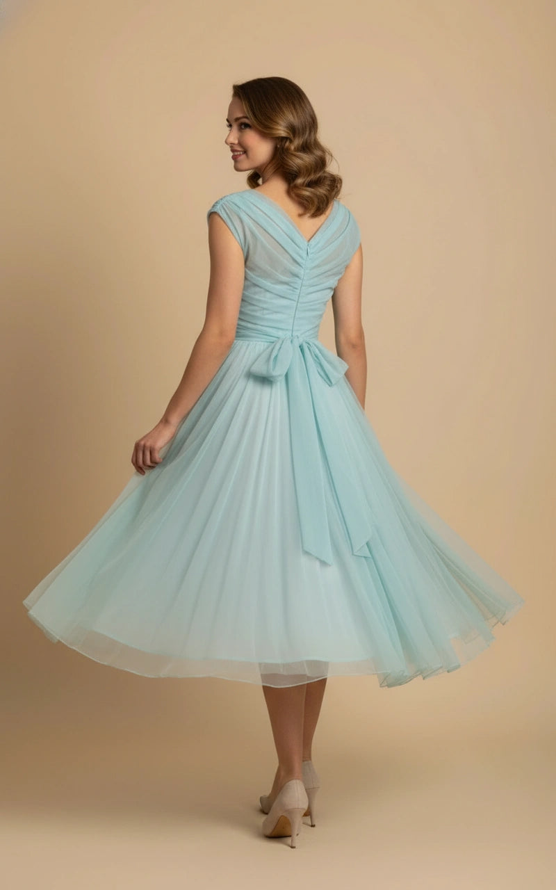 Cap Sleeve Pleated Bodice V-neck Chiffon A-line Tea Length Dress with Sash