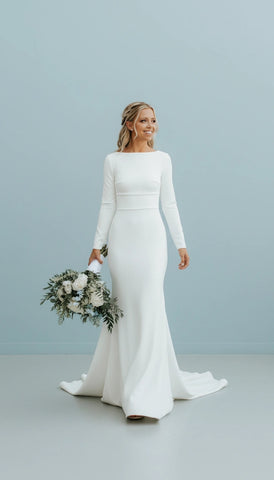 Modest Long Sleeve Satin Mormon/Lds Modern Sheath Bridal Gown Scoop Court Train Wedding Dress