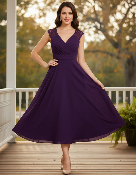Lace Cap Sleeves V-neck Chiffon A-line Tea Length Dress