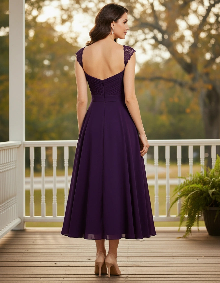 Lace Cap Sleeves V-neck Chiffon A-line Tea Length Dress