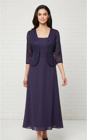 Square Neck Pleated Waist Chiffon A-line Tea Length Dress with Lace Jacket