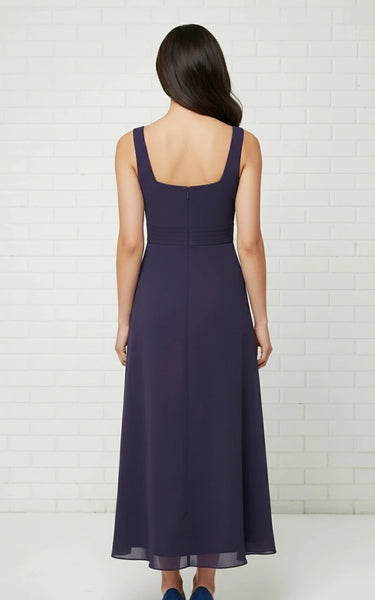 Square Neck Pleated Waist Chiffon A-line Tea Length Dress with Lace Jacket