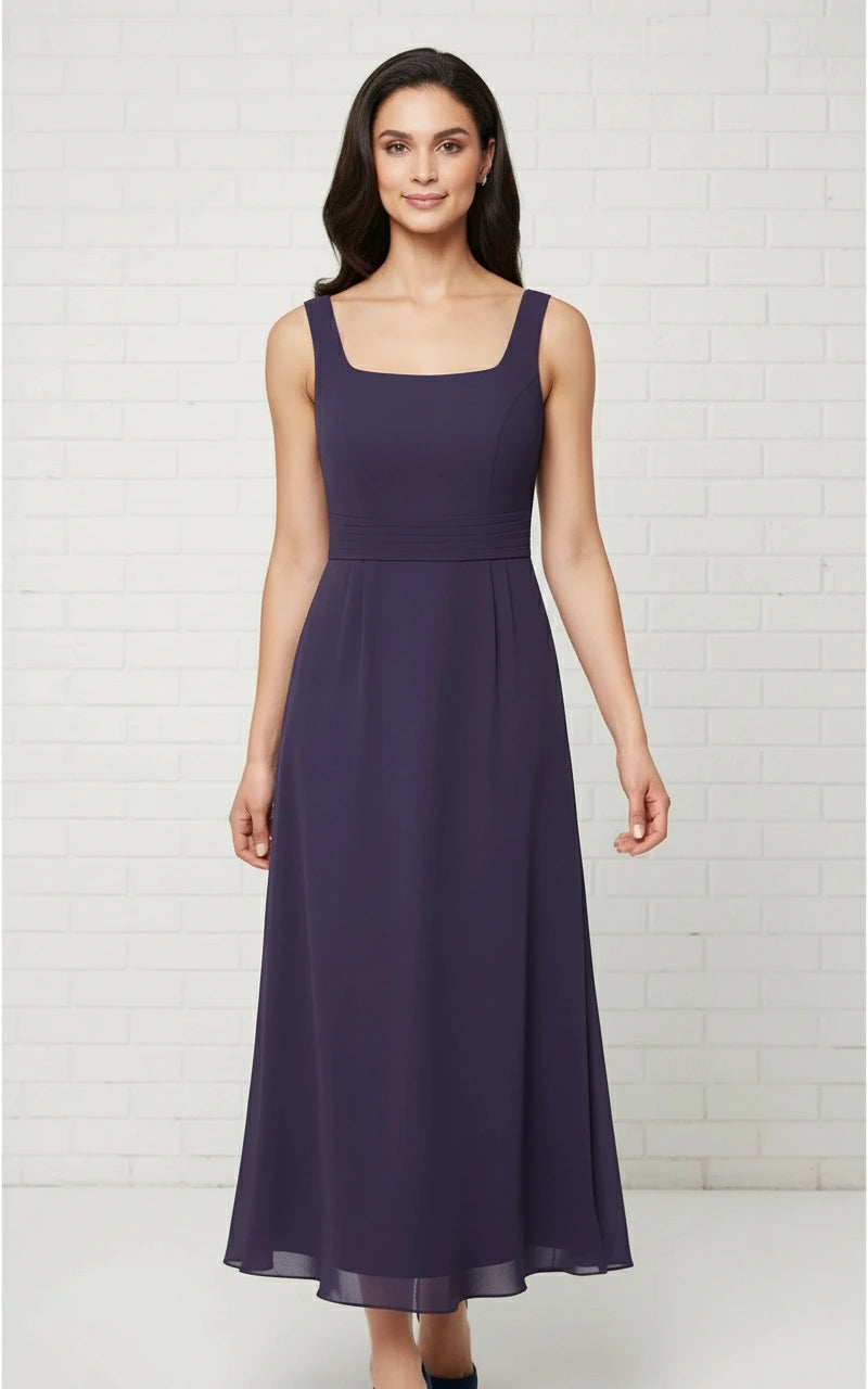 Square Neck Pleated Waist Chiffon A-line Tea Length Dress with Lace Jacket