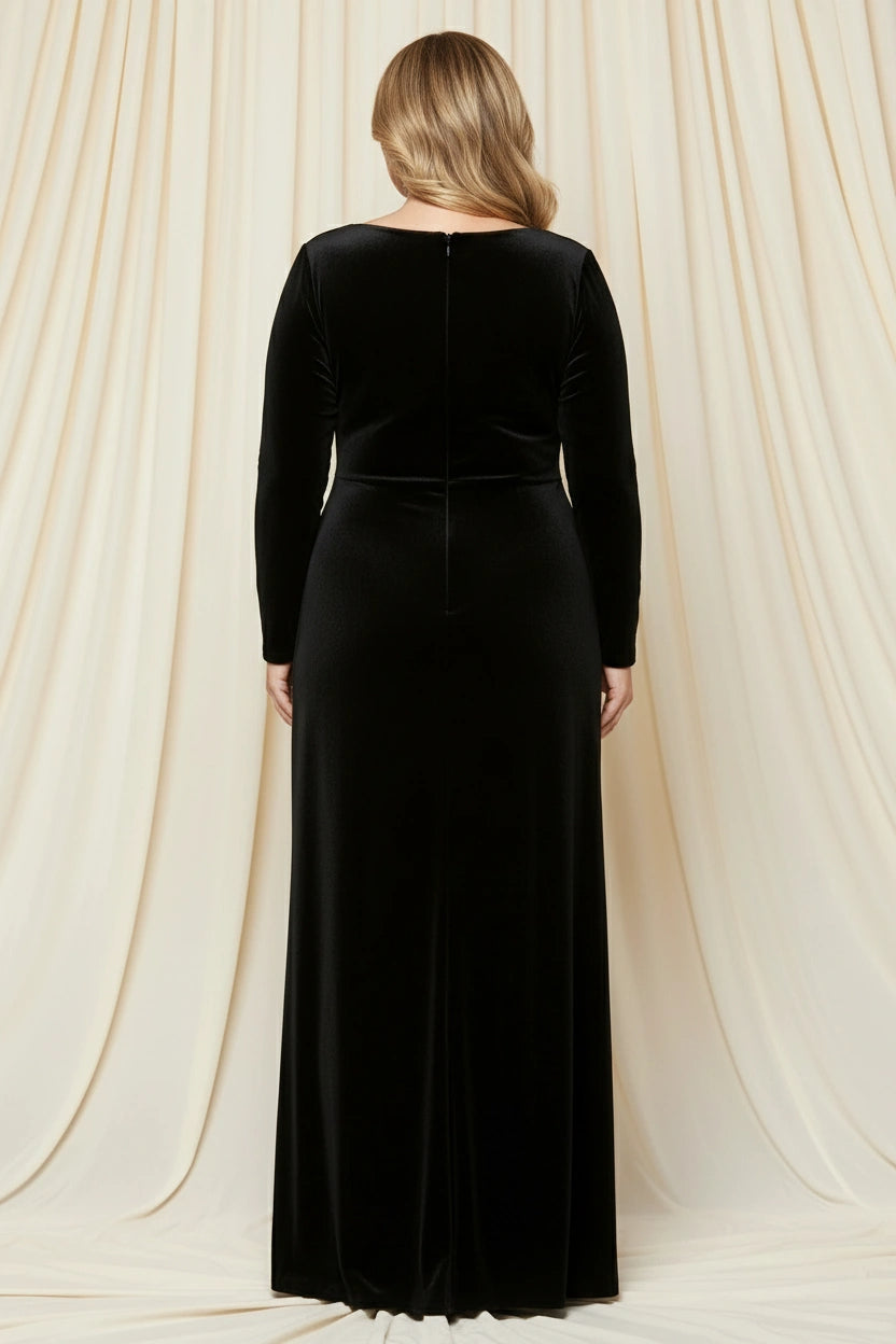 Scoop Neck Long Sleeves Column Velvet Floor Length Dress