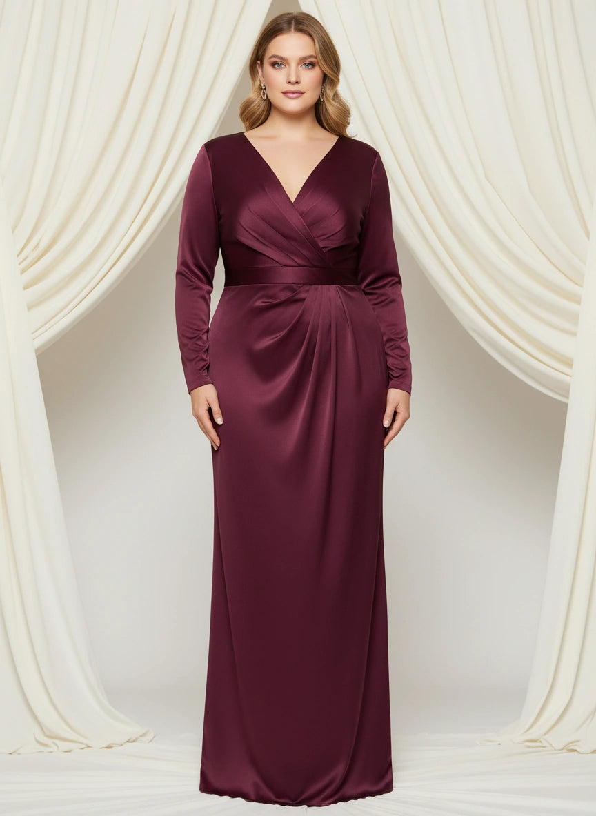 V-neck Long Sleeves Satin Column Floor Length Dress with Belt