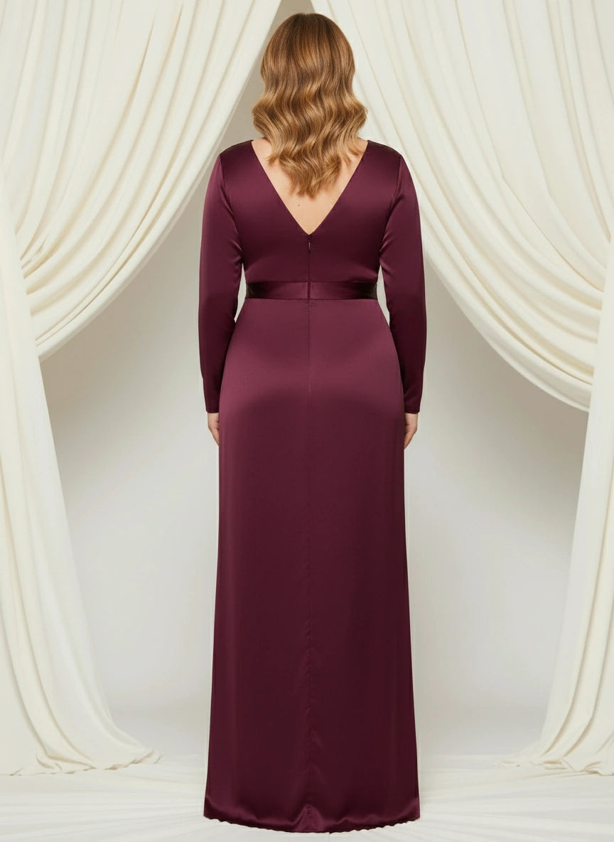 V-neck Long Sleeves Satin Column Floor Length Dress with Belt