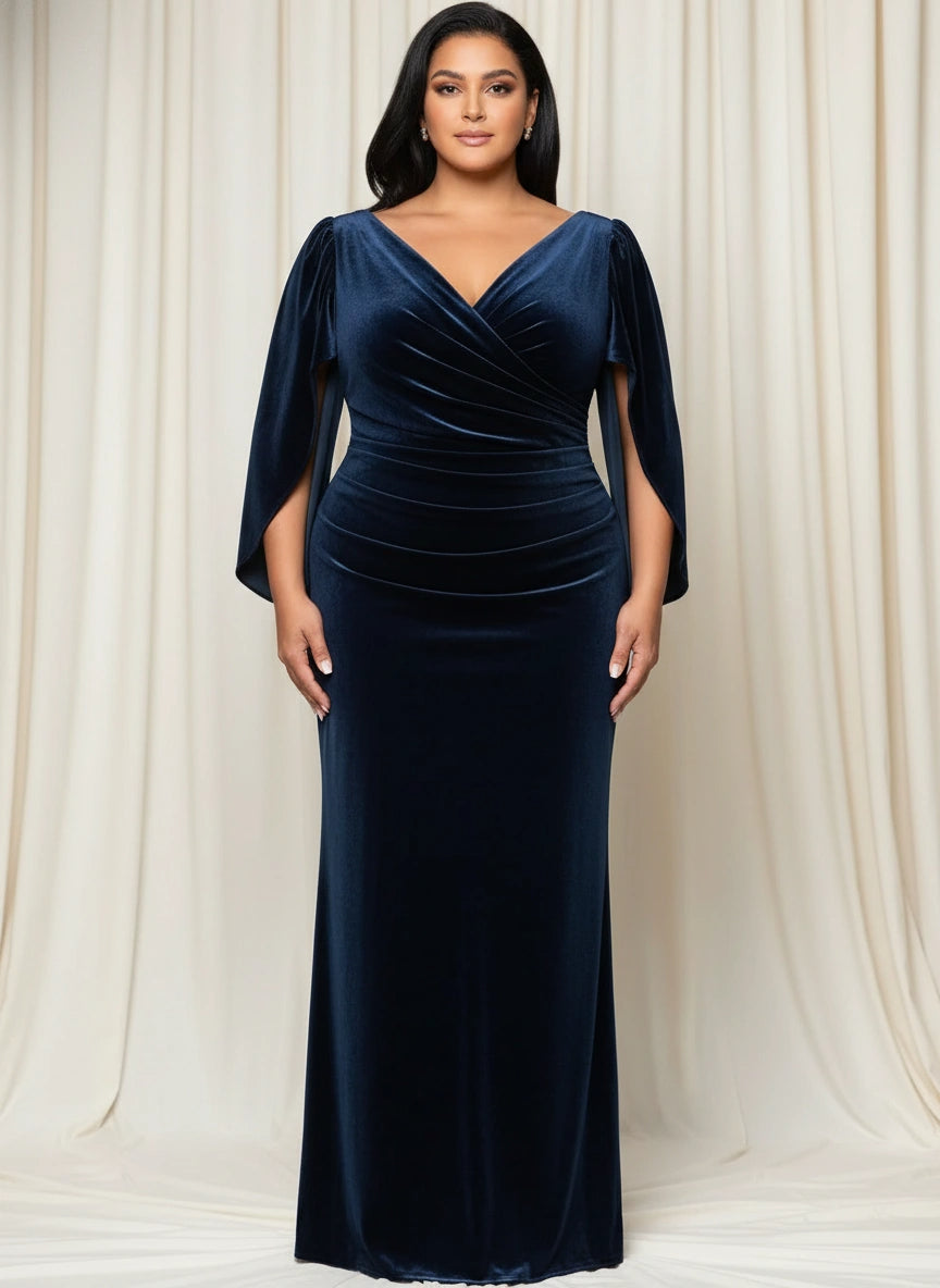 V-neck 3/4 Split Sleeves Pleated Velvet sheath Floor Length Dress