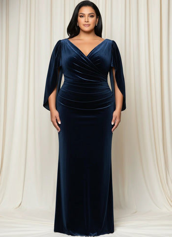 V-neck 3/4 Split Sleeves Pleated Velvet sheath Floor Length Dress