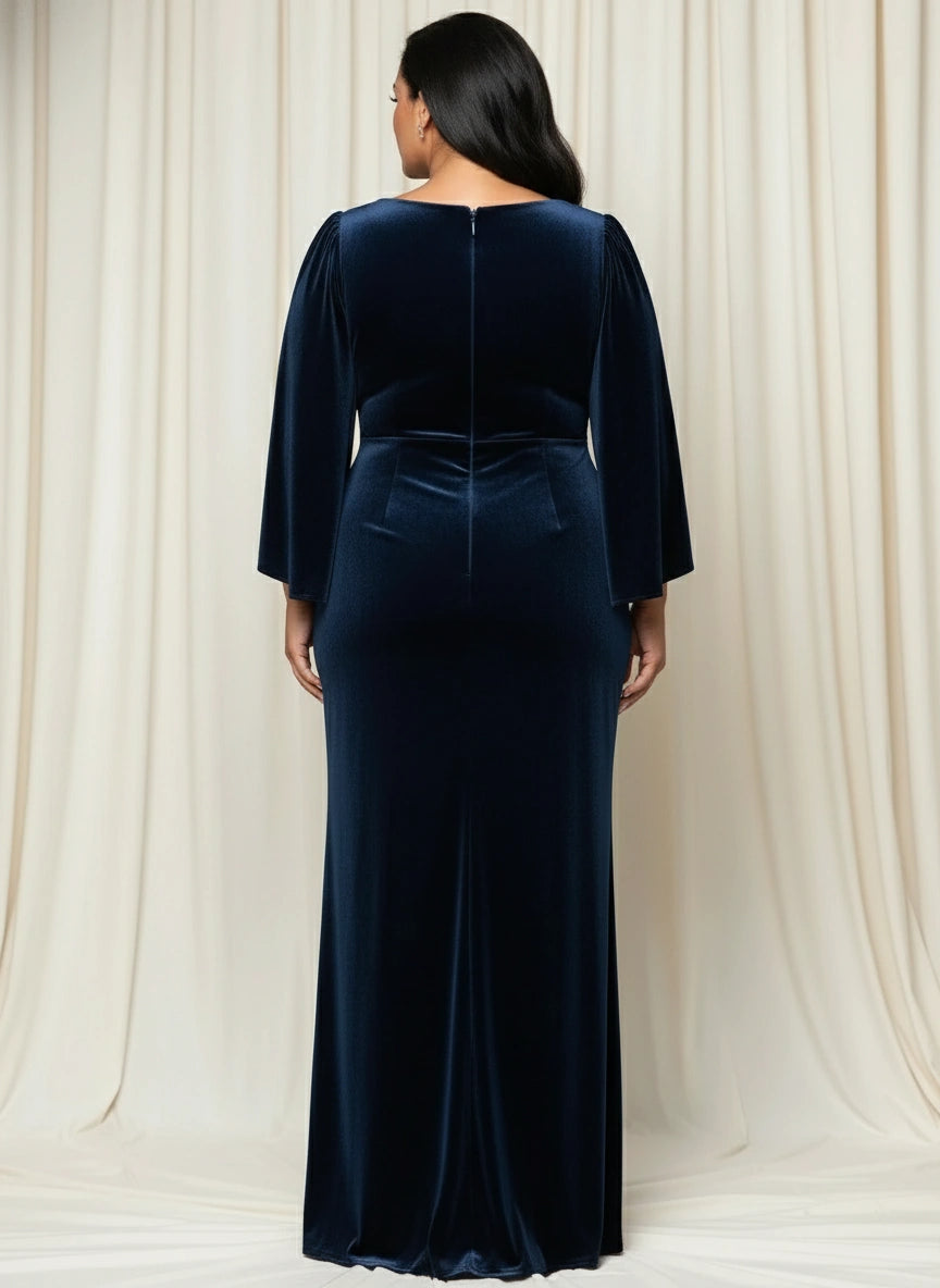 V-neck 3/4 Split Sleeves Pleated Velvet sheath Floor Length Dress