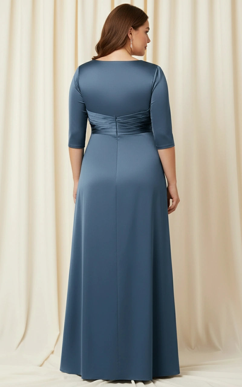 V-neck Half Sleeves Satin Pleated Floor Length Column Dress