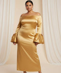 Off-the-Shoulder Long Bell Sleeves Satin Sheath Ankle Length Dress