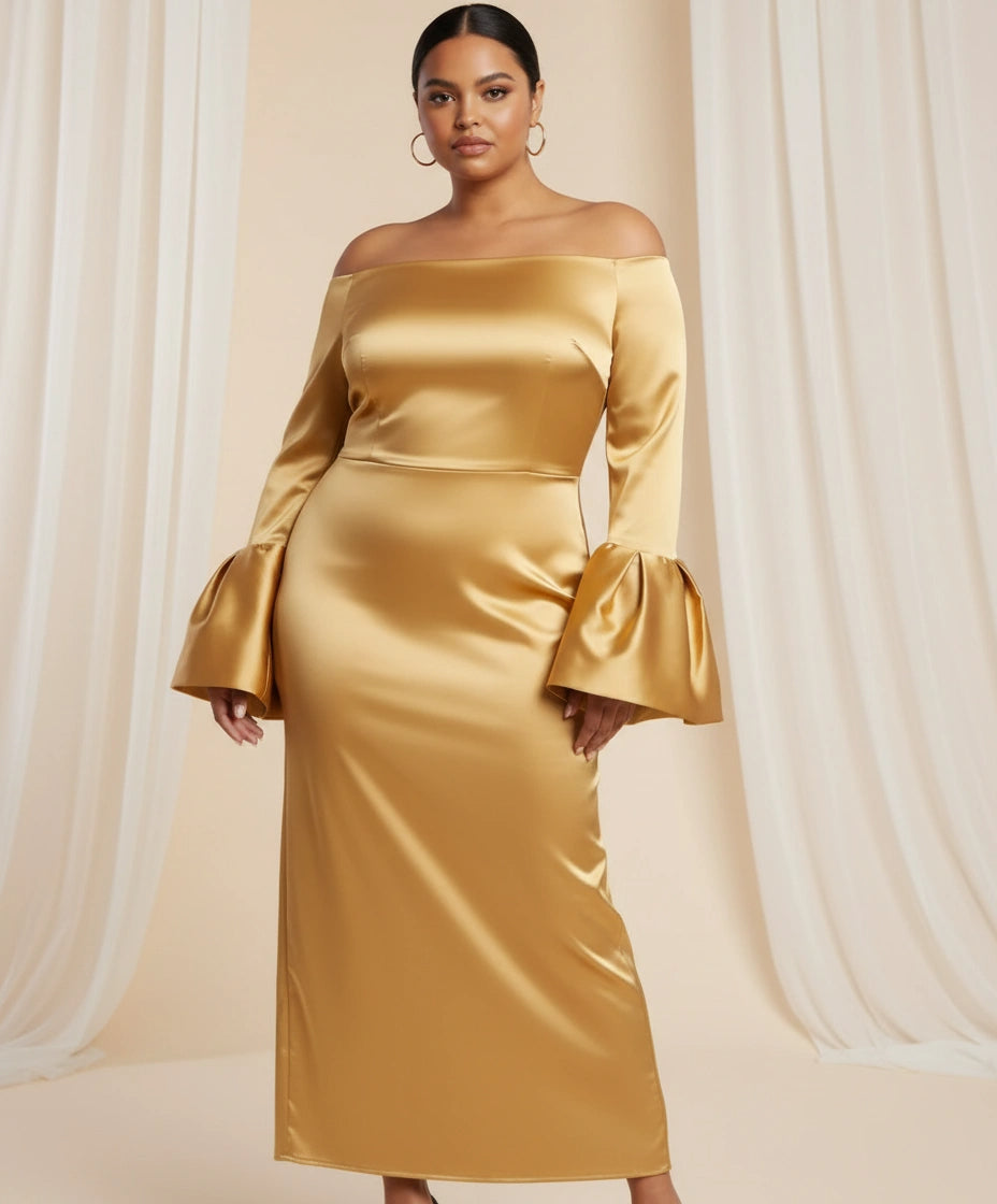 Off-the-Shoulder Long Bell Sleeves Satin Sheath Ankle Length Dress