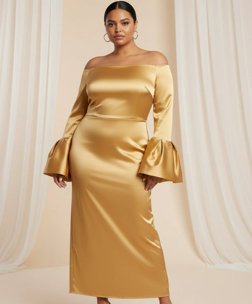 Off-the-Shoulder Long Bell Sleeves Satin Sheath Ankle Length Dress