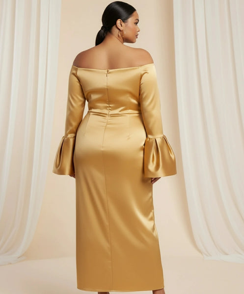 Off-the-Shoulder Long Bell Sleeves Satin Sheath Ankle Length Dress