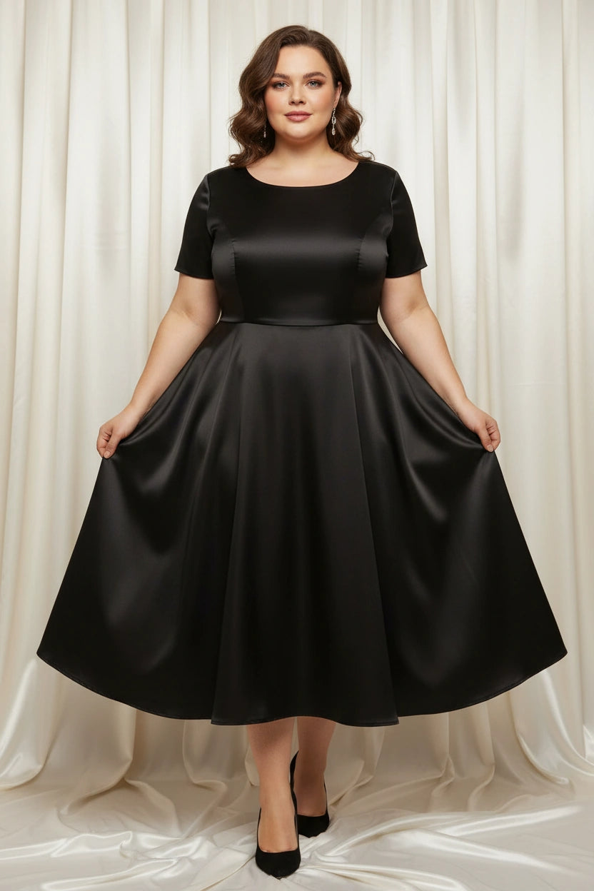 Short Sleeves Scoop Neck Satin A-line Tea Length Dress