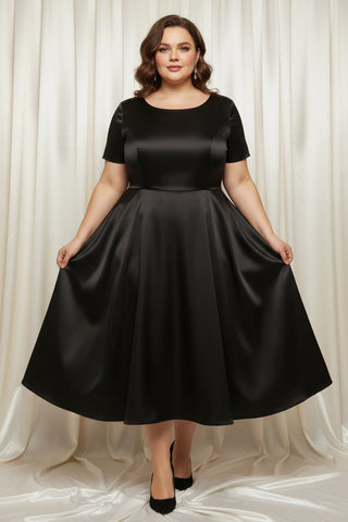 Short Sleeves Scoop Neck Satin A-line Tea Length Dress